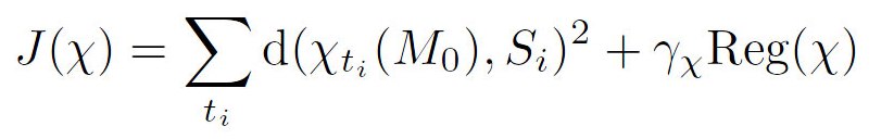 J(χ)= Σ<sub>t<sub>i</sub></sub> d(χ<Sub>t<sub>i</sub></Sub>(M<sub>0</sub>),S<sub>i</sub>)<Sup>2</Sup>
+ γ<sub>χ</sub> Reg(χ)
