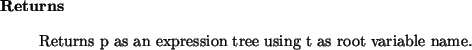 \begin{retval}
Returns p as an expression tree using t as root variable name.
\end{retval}
