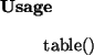 \begin{usage}
table()
\end{usage}
