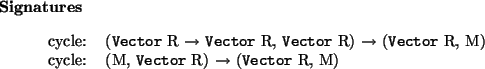 \begin{signatures}
cycle: & (\htmlref{\texttt{Vector}}{Vector} R $\to$\ \htmlr...
...Vector} R) $\to$\ (\htmlref{\texttt{Vector}}{Vector} R, M)\\\end{signatures}