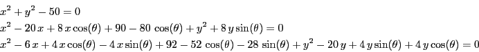 \begin{eqnarray*}
&& {x}^{2}+{y}^{2}-50=0\\
&&{x}^{2}-20\,x+8\,x\cos(\theta)+90...
...,\sin(\theta)+{y}^{2}-20\,y+4\,y\sin(\theta)+4\,
y\cos(\theta)=0
\end{eqnarray*}