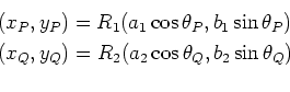 \begin{eqnarray*}
&&(x_P,y_P)= R_1(a_1\cos\theta_P,b_1\sin\theta_P)\\
&&(x_Q,y_Q)= R_2(a_2\cos\theta_Q,b_2\sin\theta_Q)\\
\end{eqnarray*}