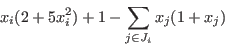 \begin{displaymath}
x_i(2+5 x_i ^2)+1-\sum_{j \in J_i} x_j(1+x_j)
\end{displaymath}