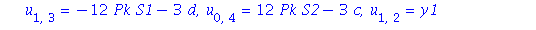 x = 0, y = 0, u[0, 0] = 0, u[1, 0] = 0, u[0, 1] = 0, u[1, 1] = 0, u[2, 0] = 1, u[0, 2] = -1, u[0, 3] = 0, u[2, 1] = 0, u[3, 0] = Pk, u[4, 0] = e-3*c, u[3, 1] = d, u[2, 2] = c, u[1, 3] = -12*Pk*S1-3*d,...