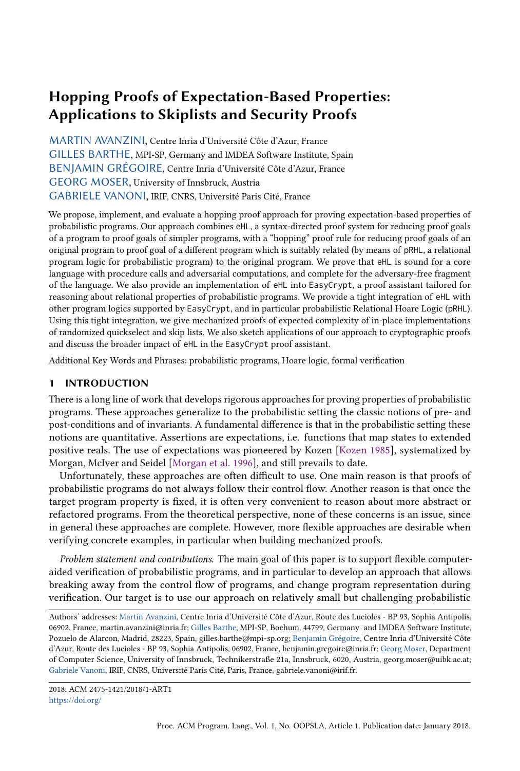 Hopping Proofs of Expectation-Based Properties: Applications to
Skiplists and Security Proofs