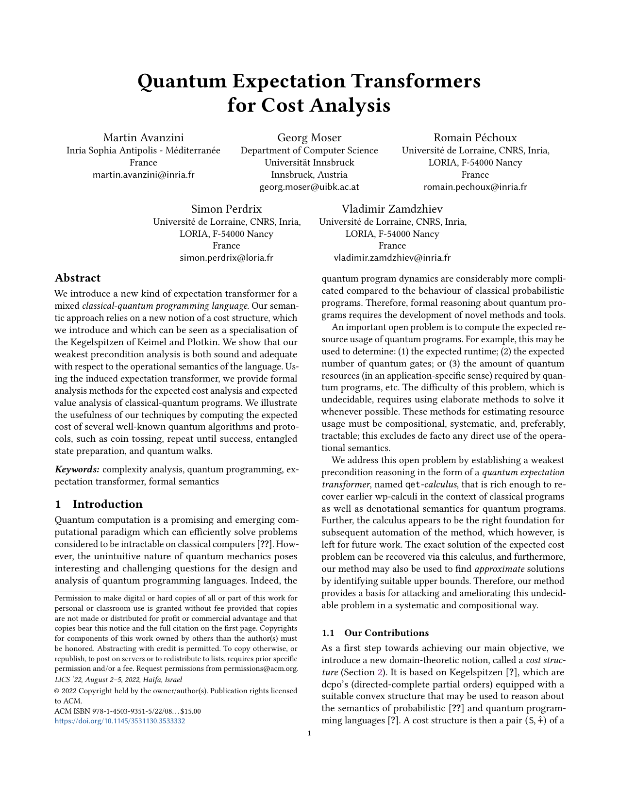 Quantum Expectation Transformers for Cost Analysis