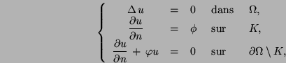 \begin{displaymath}
\left\{
\begin{array}{cclll}
\Delta   u & = & 0 &\mbox{ dan...
...
&\mbox{ sur }&\partial \Omega \setminus K,
\end{array}\right.
\end{displaymath}