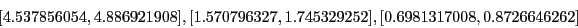 \begin{displaymath}[4.537856054,4.886921908], [1.570796327,1.745329252], [0.6981317008,
0.8726646262]
\end{displaymath}