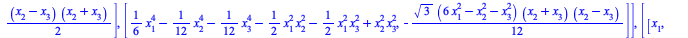 Typesetting:-mprintslash([Equiv := [[[1]], [[`+`(`*`(`/`(1, 24), `*`(`^`(2, `/`(1, 2)), `*`(`+`(x[2], `-`(x[3])), `*`(`+`(x[2], x[3]), `*`(`+`(x[1], `-`(x[3])), `*`(`+`(x[1], x[3]), `*`(`+`(x[1], `-`(...