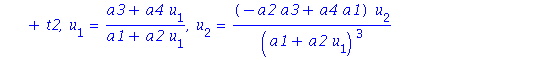 action := [x = a1*x+a2*u[0]+t1, u[0] = a3*x+a4*u[0]+t2, u[1] = (a3+a4*u[1])/(a1+a2*u[1]), u[2] = (-a2*a3+a4*a1)*u[2]/(a1+a2*u[1])^3, u[3] = (-a2*a3+a4*a1)*(-3*u[2]^2*a2+u[3]*a1+u[3]*a2*u[1])/(a1+a2*u[...