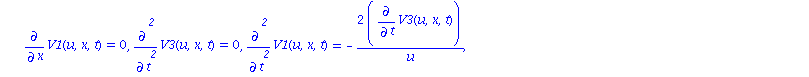 [Diff(V3(u, x, t), u) = -1/2*Diff(V1(u, x, t), t), Diff(V2(u, x, t), u) = 0, Diff(V1(u, x, t), u) = 0, Diff(V3(u, x, t), x) = -Diff(V3(u, x, t), t)/u, Diff(V2(u, x, t), x) = 1/2*Diff(V1(u, x, t), t), ...